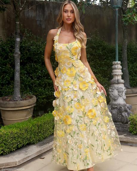 wedding guest dresses spring tea length floral yellow alamourthelabel