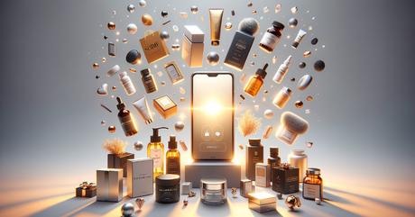 A sleek product photography scene showing a smartphone displaying social media s