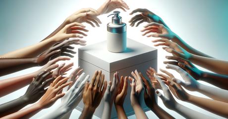 A photorealistic scene of diverse hands reaching toward a central modern product