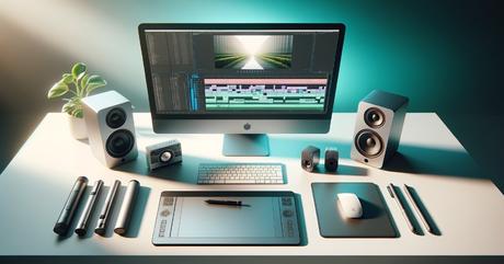 A Mac Studio M4 Max workstation setup captured from above at a 45-degree angle, 