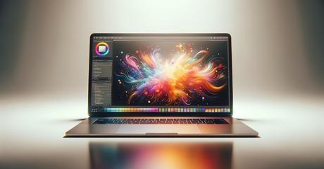 A modern MacBook laptop centered on a clean white backdrop, displaying vibrant c