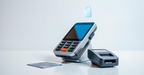 A close-up product photography shot of a sleek modern point-of-sale terminal and