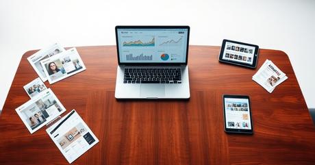 A polished mahogany conference table with an open MacBook displaying e-commerce 