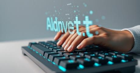 A realistic close-up of hands typing on a premium mechanical keyboard with float