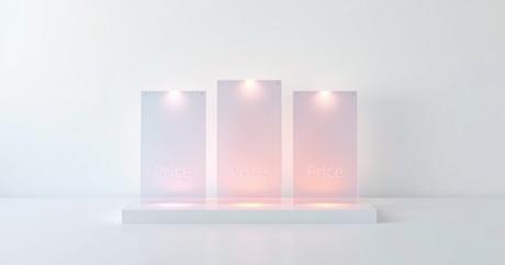 An elegant pricing tier display composed of three translucent glass or acrylic p