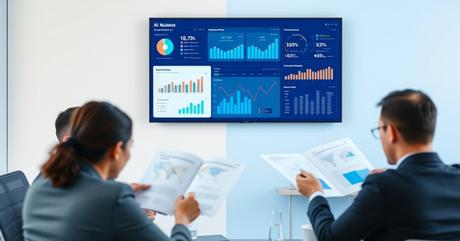 A sophisticated business meeting setup with a large wall-mounted display showing