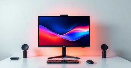 A sleek modern workspace featuring a single high-end monitor displaying a color-