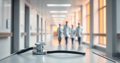 A sleek modern hospital corridor photographed from a low angle, with a realistic