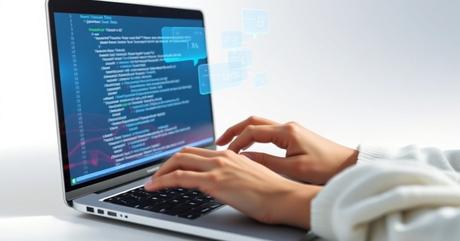 A photorealistic close-up of elegant hands typing structured data code on a prem