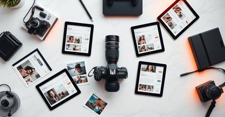 A pristine overhead view of a modern workspace featuring scattered printed photo
