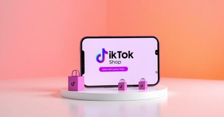 A sleek smartphone displays the TikTok Shop interface with purple and black bran