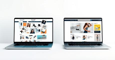 A photorealistic split-screen composition showing two identical e-commerce websi