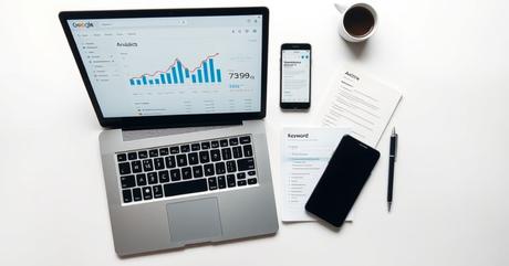 An elegant flat lay composition featuring essential SEO tools arranged on a clea