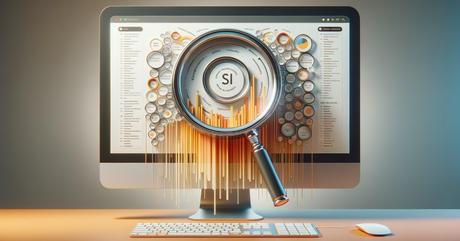 A photorealistic magnifying glass hovering over a detailed keyword research inte