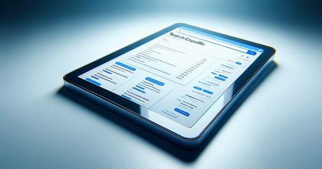 A sleek mockup of search engine results page displayed on a modern tablet device