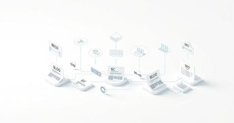 A sophisticated 3D isometric visualization showing interconnected blog post icon