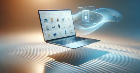 A sleek modern laptop displaying a minimalist ecommerce product grid, floating a