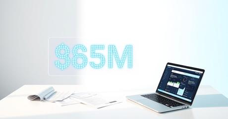 A sleek, modern funding announcement scene featuring a realistic holographic dis