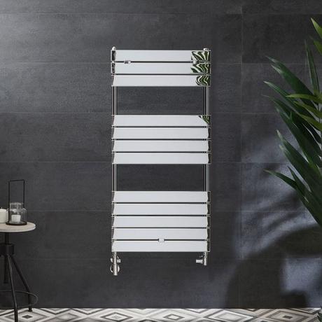 Milano Lustro dual fuel chrome designer flat panel heated towel rail on black background