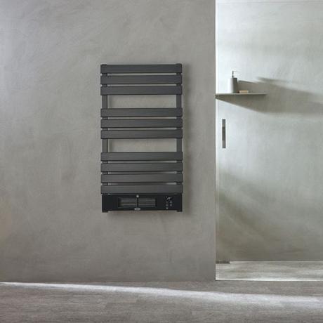 ECOSO Linus anthracite smart Wi-Fi electric heated towel rail with fan on light gray wall