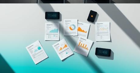 An elegant overhead view of a modern conference table with scattered documents s