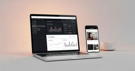 A modern minimalist desk scene with an open laptop showing analytics dashboards 