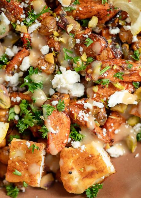 a very closeup shot of hot honey halloumi salad