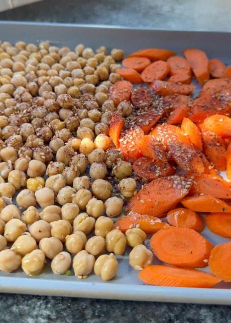 carrots and chickpeas on a sheet pan