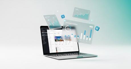 A photorealistic composition showing a sleek laptop displaying a WordPress dashb