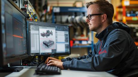 In a well-organized and neat workspace, a dedicated CAD engineer is deeply engrossed in the intricate process of designing mechanical parts. The glow of the computer screens illuminates his focused face as he meticulously manipulates a 3D model, ensuring that every detail is precise. His work is critical in transforming conceptual ideas into tangible products that can be manufactured, tested, and used in various applications. The concentration and expertise he brings to this technical task are evident in his deliberate movements and the complexity displayed on the monitors.