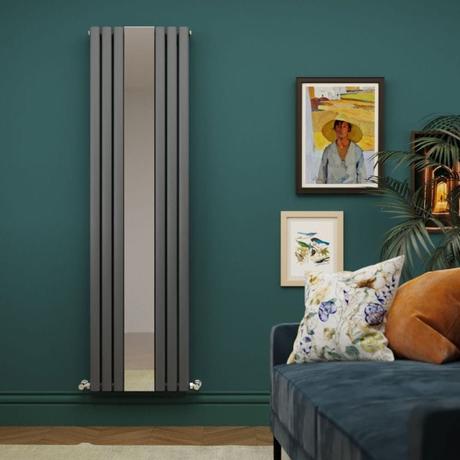 Milano Aruba anthracite vertical designer radiator with mirror on green wall nearby framed art and blue settee with cushions