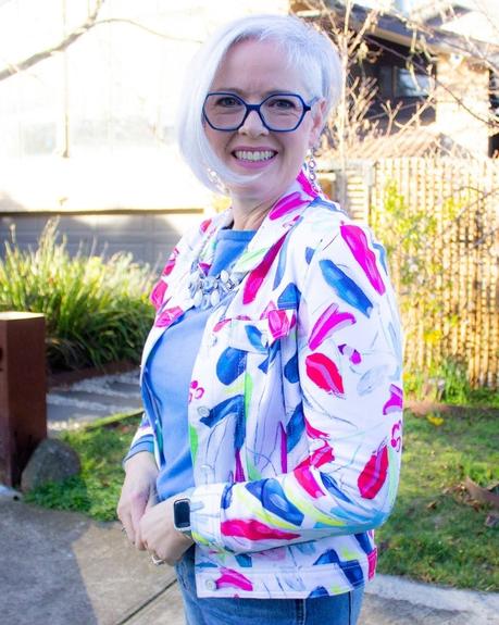 Balancing Flamboyant Style with a Practical Lifestyle Patterned denim jacket makes a flamboyant statement whilst still being comfortable