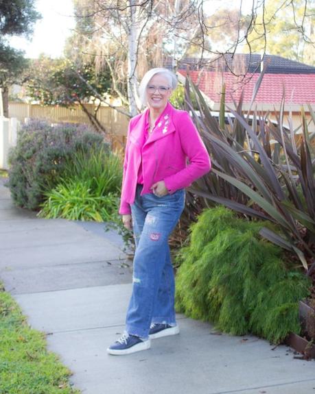Balancing Flamboyant Style with a Practical Lifestyle bold color and fun sashiko embellished jeans