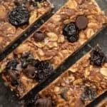 Dark Chocolate Cherry Granola Bars overhead image of 4 dark chocolate cherry granola bars