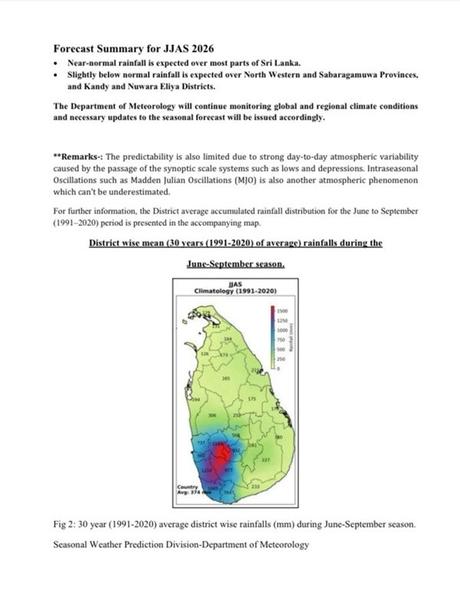 Near‑normal rainfall forecast for Sri Lanka during Southwest Monsoon Near‑normal rainfall forecast for Sri Lanka during Southwest Monsoon