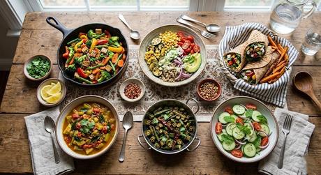 Assorted summer veggie recipes including stir fried vegetables veggie wraps salads and Indian dishes on a table