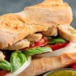 close up image of chicken pesto sandwich