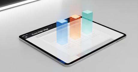 A sleek modern tablet displaying a stylized webpage layout with three distinct g