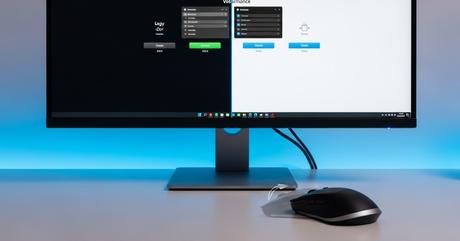 A modern desktop computer setup showing a split-screen view on the monitor - one
