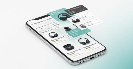 A sleek smartphone displaying Google's AI Overview interface with product recomm