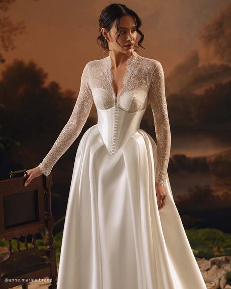basque waist wedding dresses corset with sleeves lace anne mariee