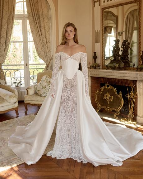 basque waist wedding dresses with overskirt corset lace berta