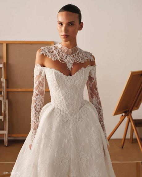 basque waist wedding dresses lace sleeves millanova