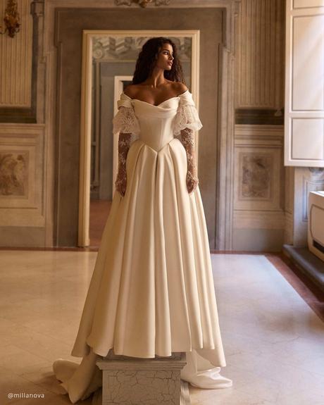 basque waist wedding dresses sleeves off the shoulder millanova