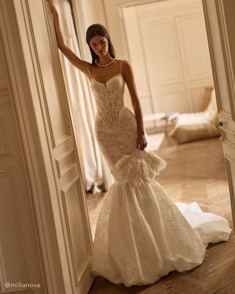 bubble hem wedding dresses lace with spaghetti straps millanova
