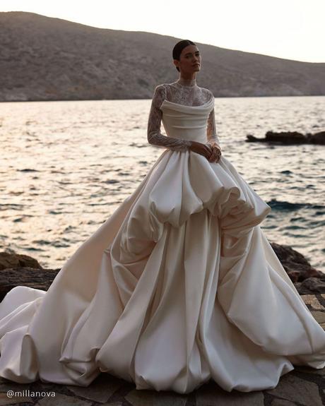 bubble hem wedding dresses ball gown with lace sleeves milla nova