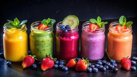Colourful homemade smoothies in glass jars with fresh berries cucumber mint and fruit toppings