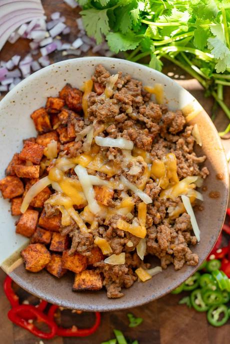a closeup of air fryer sweet potato taco bowls