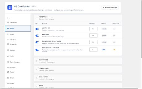 The Points screen lists every rewardable action with its value, repeat rule, and daily cap