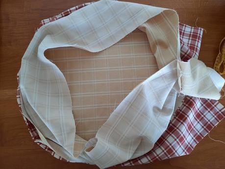 Sewing the outer wrapping strip closed during the making of my bodhran bag